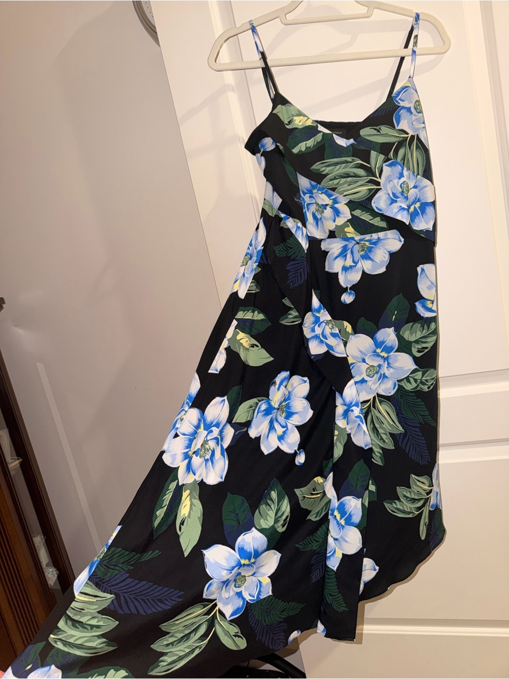 Banana Republic Black Floral Asymmetrical Slip Dress with Blue & Green Blooms